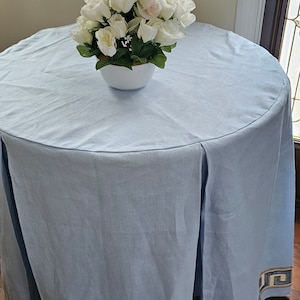 RTS Round table skirt 30 dia x 30H soft blue baby blue Greek key trim table skirt, pleated tablecloth