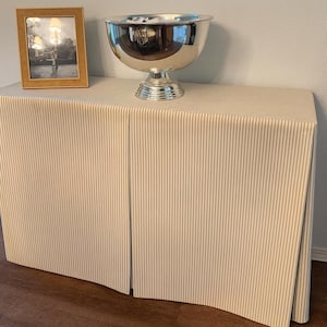 Ticking stripe Rectangular tableskirt center pleat console table skirt, indigo olive, rustic brown, steel grey, red ticking, ocean blue