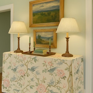 Floral table skirt round or rectangular Birds and branches botanical Covington Joybird cotton, 178-silk color, skirted table