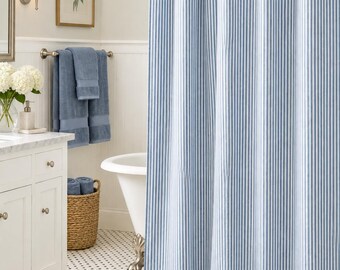 Ocean blue on white ticking stripe shower curtain,  72, 84, 90, 48, 108 extra long curtain