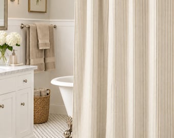 Beige on ivory ticking stripe shower curtain,  72, 84, 90, 48, 108  cotton
