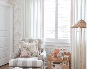 White linen drapes pleated with baby pink trim Solid color window panels with grosgrain trim, baby nursery decor