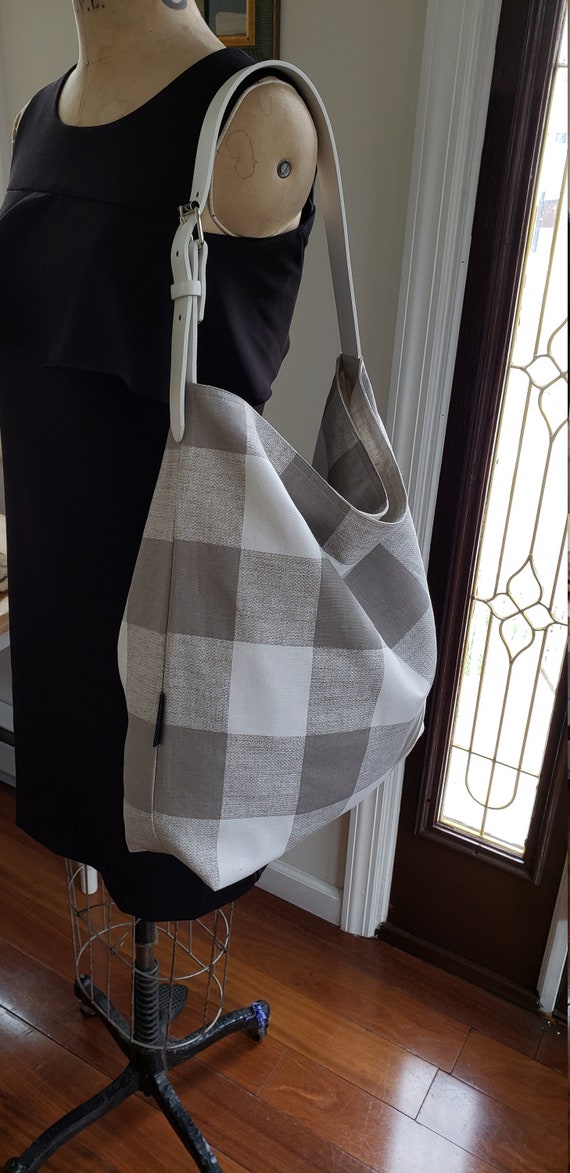 Ecru beige and white buffalo check hobo tote bag bucket tote bag buffalo plaid handbag hippie tote shoulder bag gift