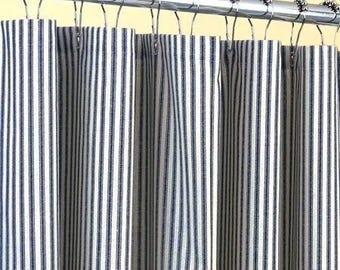 Blue ticking stripe shower curtain, navy blue ticking, stripe cotton curtain, 72 x 72, 72 x 84, 72 x 90, 48 x 72, 108 x 72,