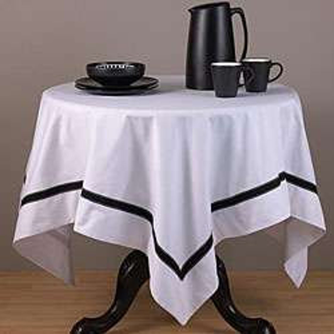 White Cotton Tablecloth With Navy Blue Grosgrain Trim Plain Etsy UK