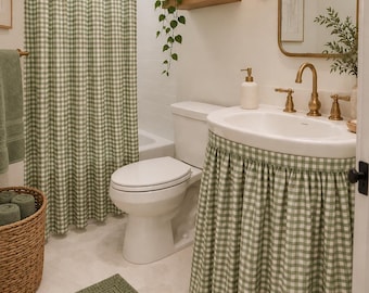 Gingham, sink skirt with gathers table skirt, table covering  ticking stripe sink skirt, vanity skirt