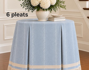 Antelope round pleated tableskirt, with trim tape and bullion fringe fawn linen blend animal print