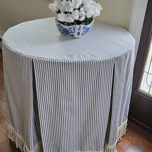 10 colors Ticking stripe table-skirt with cotton bullion fringe, Round or rectangular table-skirt, pleated tailored