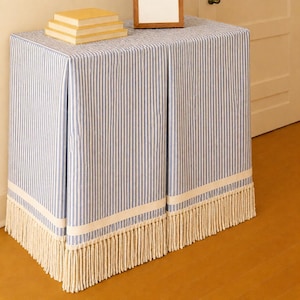 Ticking stripe Rectangular tableskirt, Grosgrain trim and bullion fringe Pleated cotton console table skirted table brown indigo, beige,