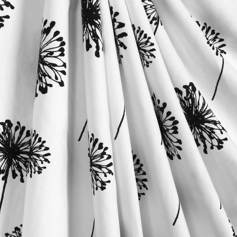 Black and white fabric shower curtain dandelion botanical Etsy
