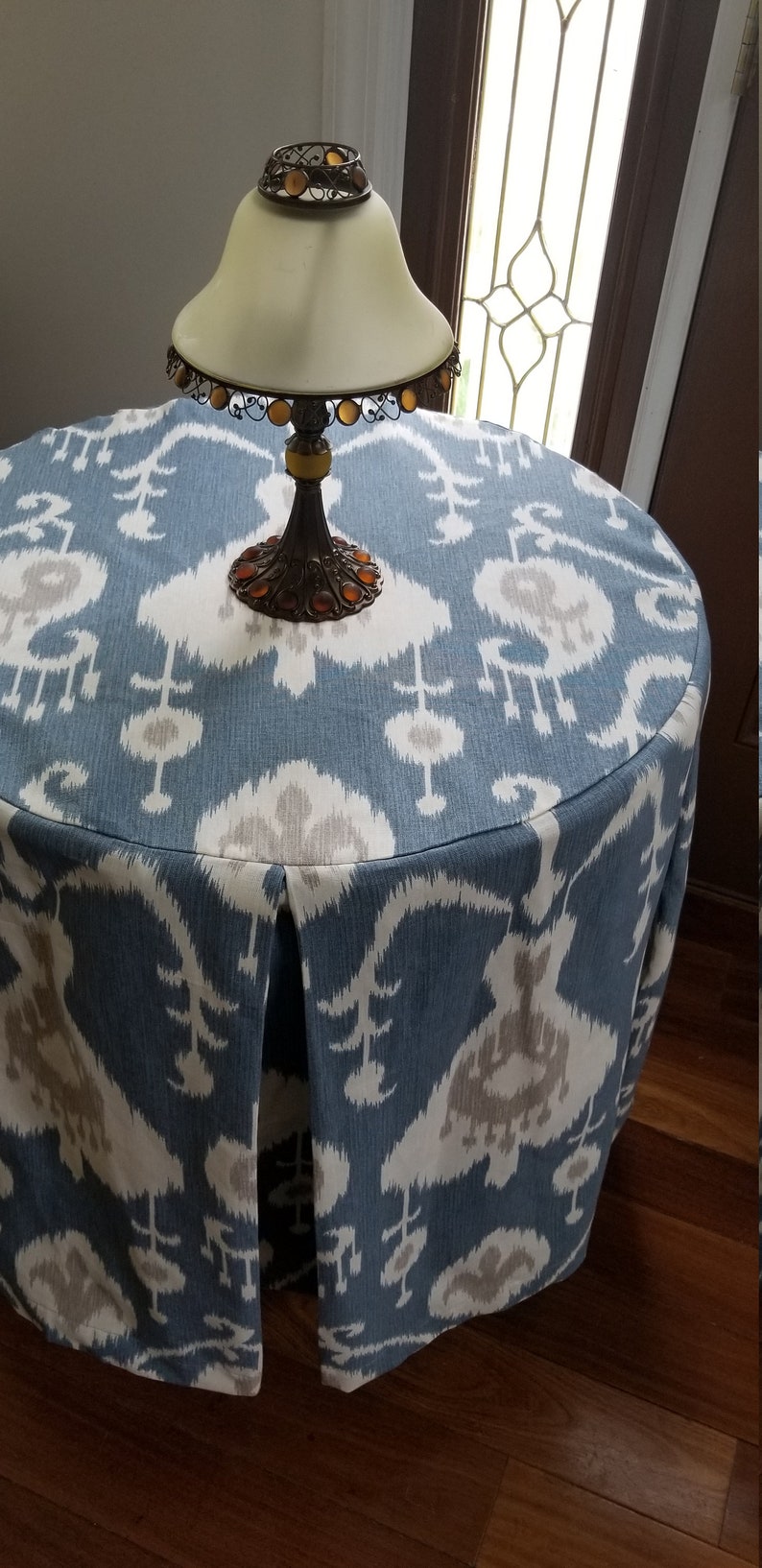 Ikat Tableskirt Round Table Skirt Pleated Magnolia Java Blue Beige Ivory Fabric
