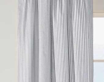 Ticking stripe window curtains, rod pocket drapes, cotton drapery panels, indigo, brown, beige, black, olive, red