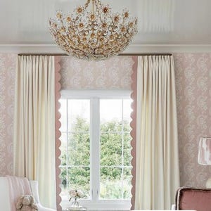 Pleated Linen curtains drapes, curtain panels with custom scallop trim off-white, white, soft blue