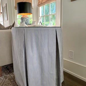 Ticking stripe tableskirt, Round table-skirt, pleated tailored table-skirt  table linens, skirted table