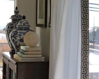 Two panels 100% linen White linen curtains drapes, Rod pocket, lined, with Greek key trim,  linen drapes,