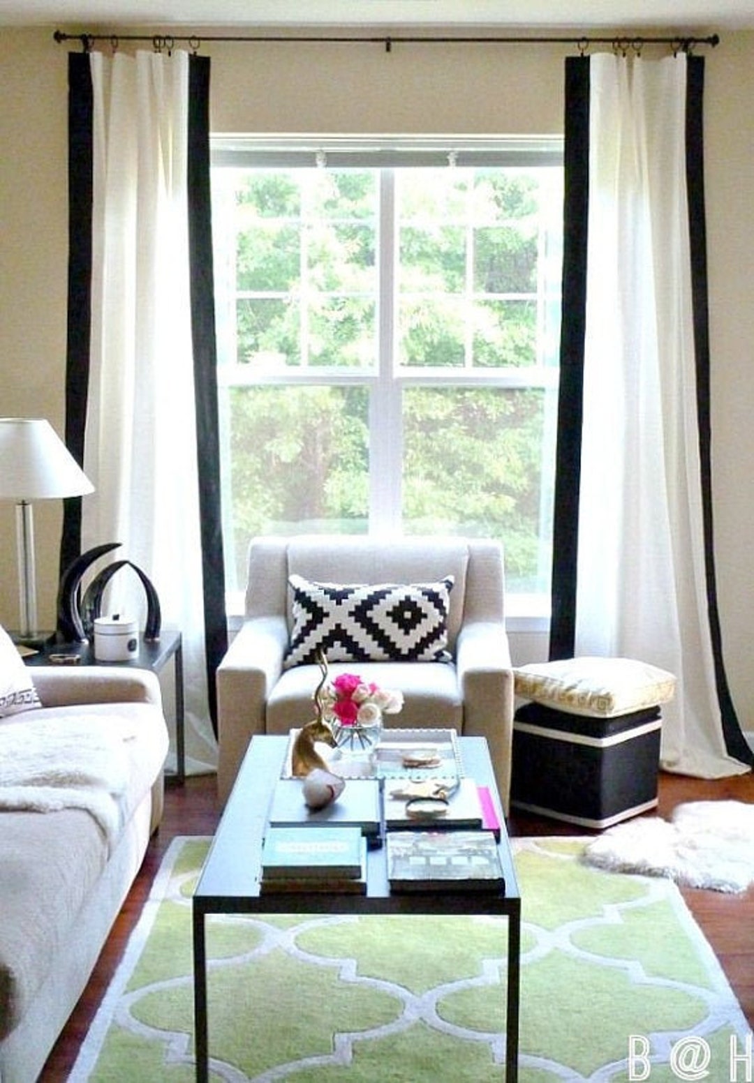 White Linen Curtains With Black Grosgrain Ribbon Trim Linen Window Curtains Etsy UK