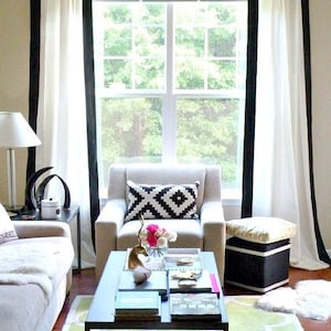 White Linen curtains with black grosgrain ribbon trim, linen window curtains