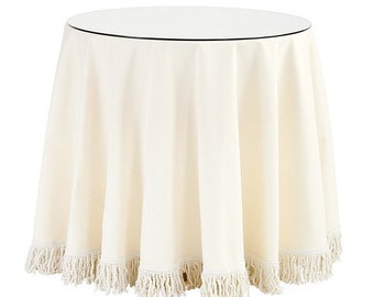 Off white Round linen tablecloth with bullion fringe, table cloth, table linen