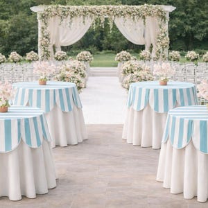 May include: Round tables with white floor-length tablecloths and light blue and white striped scalloped overlays. Each table features a small potted arrangement of light pink flowers. The setup is arranged for an outdoor wedding ceremony.
