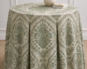 Baroque damask pleated tableskirt  round beige sage