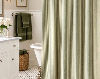 Meadow olive green on ivory tricking stripe shower curtain,  72, 84, 90, 48, 108 extra long curtain