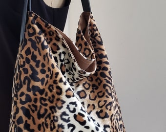 Medium size hobo handbag BLACK STRAP Faux fur tote bag, brown leopard print handbag, hobo hippie shoulder