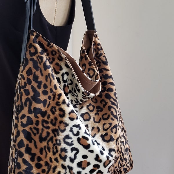 Medium size hobo handbag BLACK STRAP Faux fur tote bag, brown leopard print handbag, hobo hippie shoulder