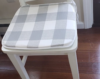 Set of 4 Flat chair pads, storm grey and white, seat cushions, 1" thick foam, buffalo plaid, farmhouse seat cushion