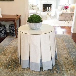 White organic cotton table skirt with contrast border organic cotton table covering, pleated tablecloth