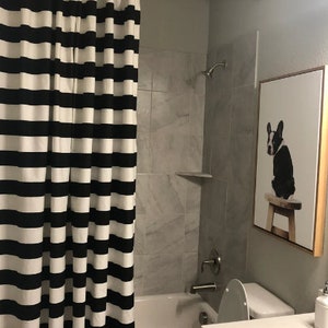 Black and true-white or grey and white horizontal stripe shower curtain, decorator cotton fabric