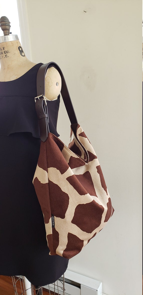 Giraffe Hobo Tote Large Size Safari Toffee Brown and Beige Faux