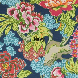 Thibaut F975488 Honshu Navy Fabric pinch pleat luxury curtains floral high end drapes lined panels, blue  two 36W x 100L panels