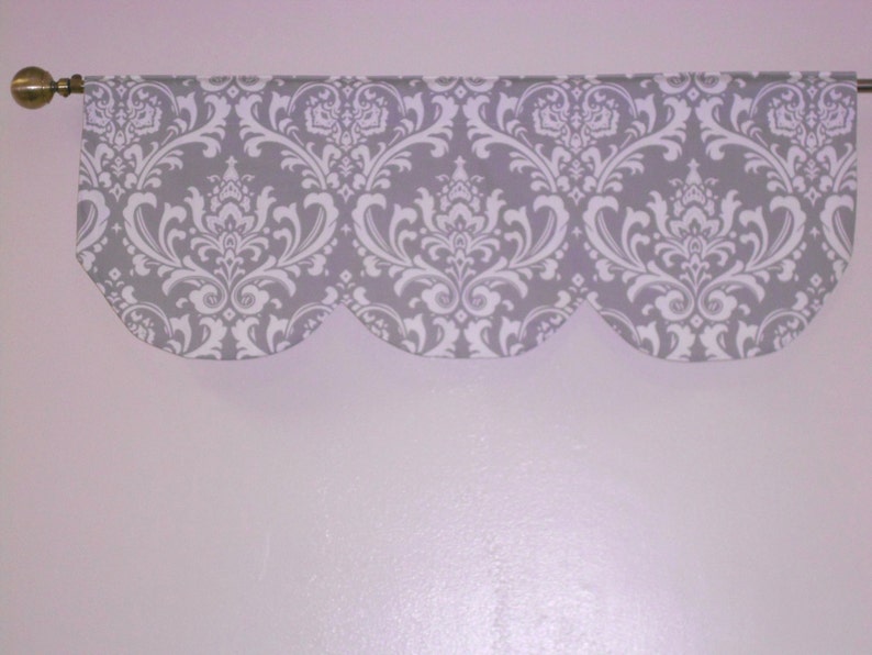 42 x 16 inches RTS Lined scallop valance ozborne grey and white damask,