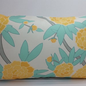 RTS Spoonflower custom fabric, decorative toss pillow, 20 x 12&quot; lumbar, white , aqua, yellow flowers