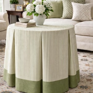 Six pleats Olive green Ticking stripe tableskirt with contrast hem band, Round table-skirt, pleated tailored table linens,