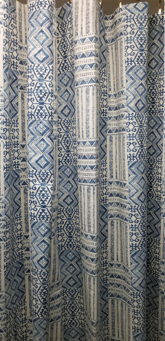 Custom Made Fabric Shower Curtain Izett Tribal Denim Blue Image 0