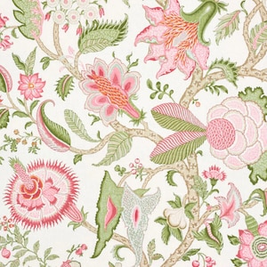 Schumacher Arborvitae PINK & LEAF drapery panels, pinch pleat, French pleats curtains, high end drapes