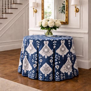 Ikat tableskirt, 5 colors available Round table skirt, pleated, Magnolia Java ikat, java blue, fabric, navy, pewter yacht barley