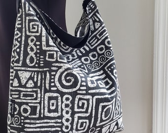 Large size hobo tote,  bucket tote, cloth shoulder bag, Glyphics black and white African ethnic print
