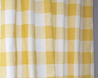 Yellow and white Fabric shower curtain,  buffalo plaid farmhouse cotton print,