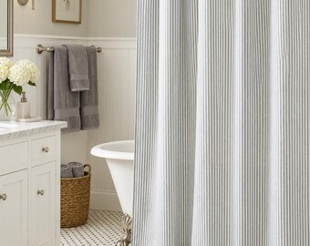 Storm grey on white ticking stripe shower curtain,  72, 84, 90, 48, 108 extra long curtain