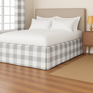 French grey Buffalo check bedskirt, plaid Bed skirt,  tailored pleats, plaid dust ruffle, shams , pillows
