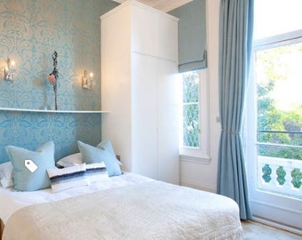 Affordable PLEATED linen-look window curtains, blue linen drapes, solid color linen, mosaic blue, cool blue, blue linen curtains