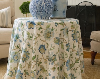 Round tablecloth with bullion fringe or grosgrain, P Kaufmann Brissac Sapphire linen rayon table cloth Jacobean jewel, sapphire, amber