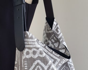 Large size hobo tote,  bucket tote, cloth shoulder bag, Glyphics Grey and white African ethnic print