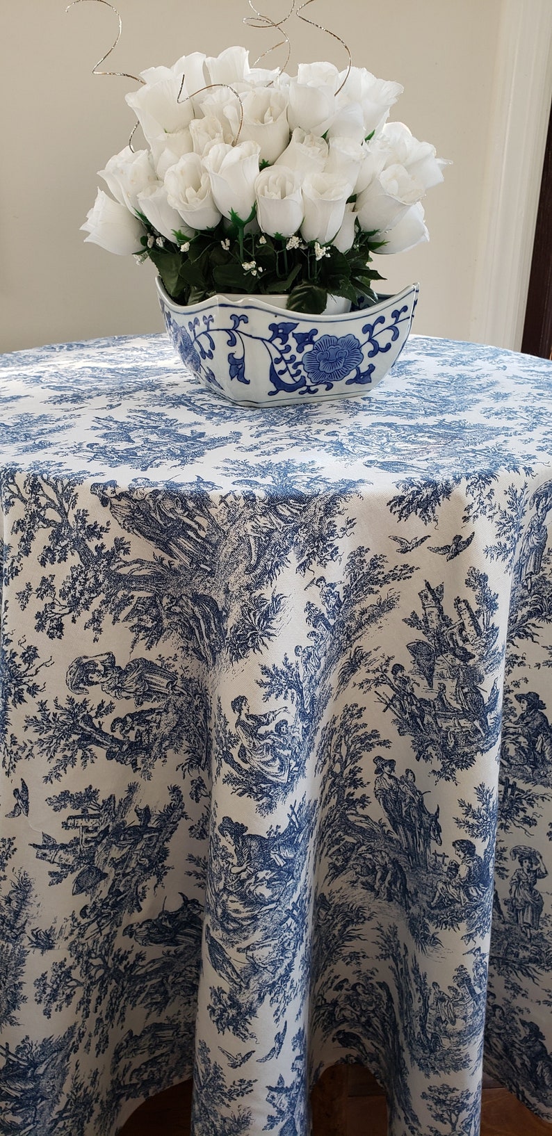 90 round tablecloth Blue toile tablecloth Waverly Etsy