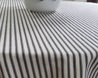 Ticking stripe round tablecloth black, red, navy, rustic brown farmhouse ticking