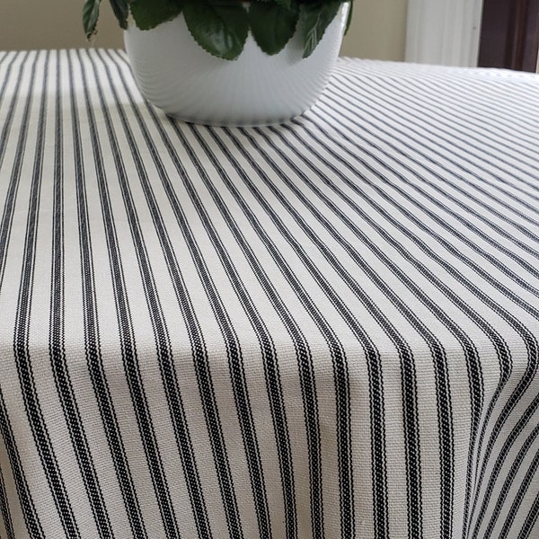 Ticking stripe round tablecloth black, red, navy, rustic brown farmhouse ticking