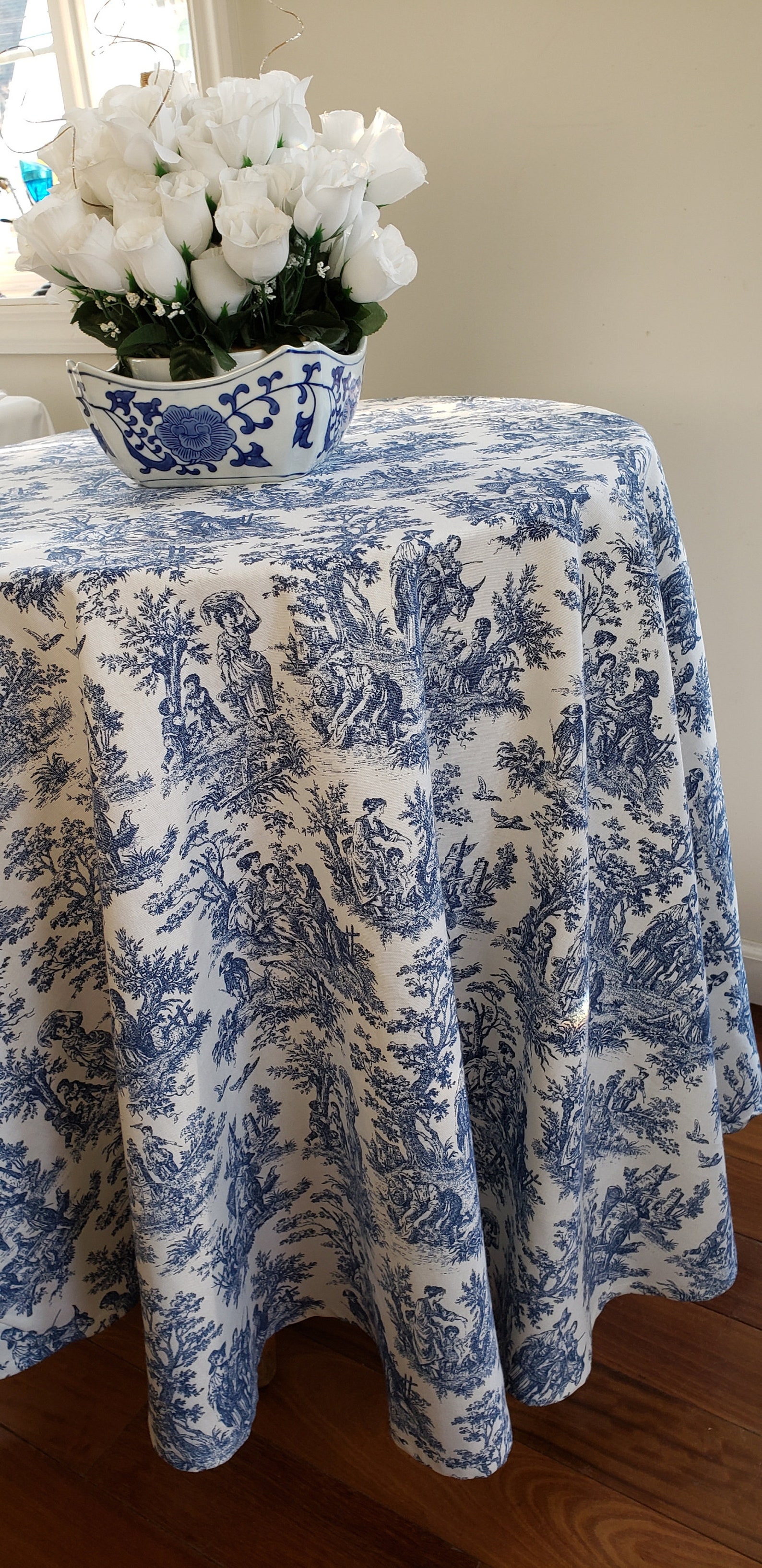 90 round tablecloth Blue toile tablecloth Waverly Etsy