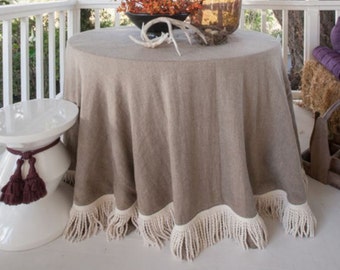 Round linen tablecloth with bullion fringe, Natural color linen, custom table cloth,